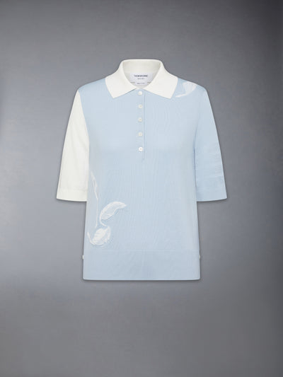 THOM BROWNE FUNMIX FEATHER INTARSIA POINTELLE 4 BAR POLO -Â LIGHT BLUE