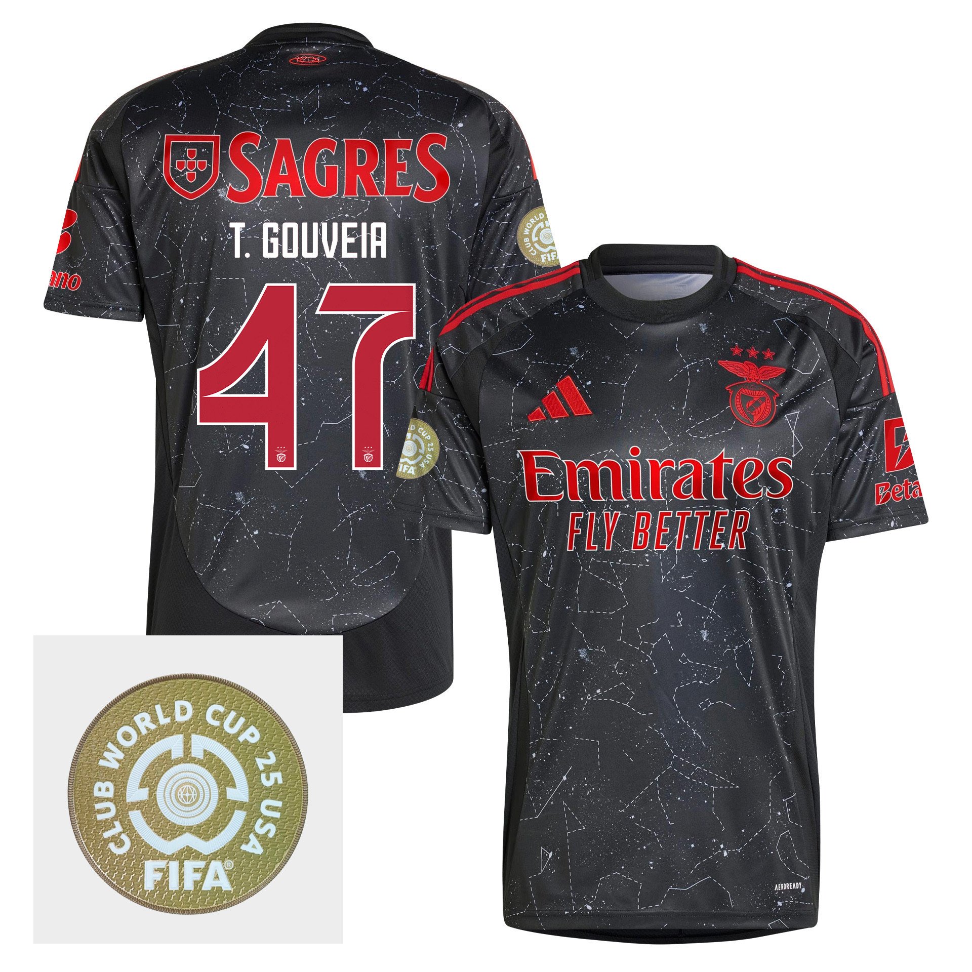 Tiago Gouveia 47 S.L. Benfica 2024/25 FIFA Club World Cup 25 USA Patch Away Men Jersey - Black