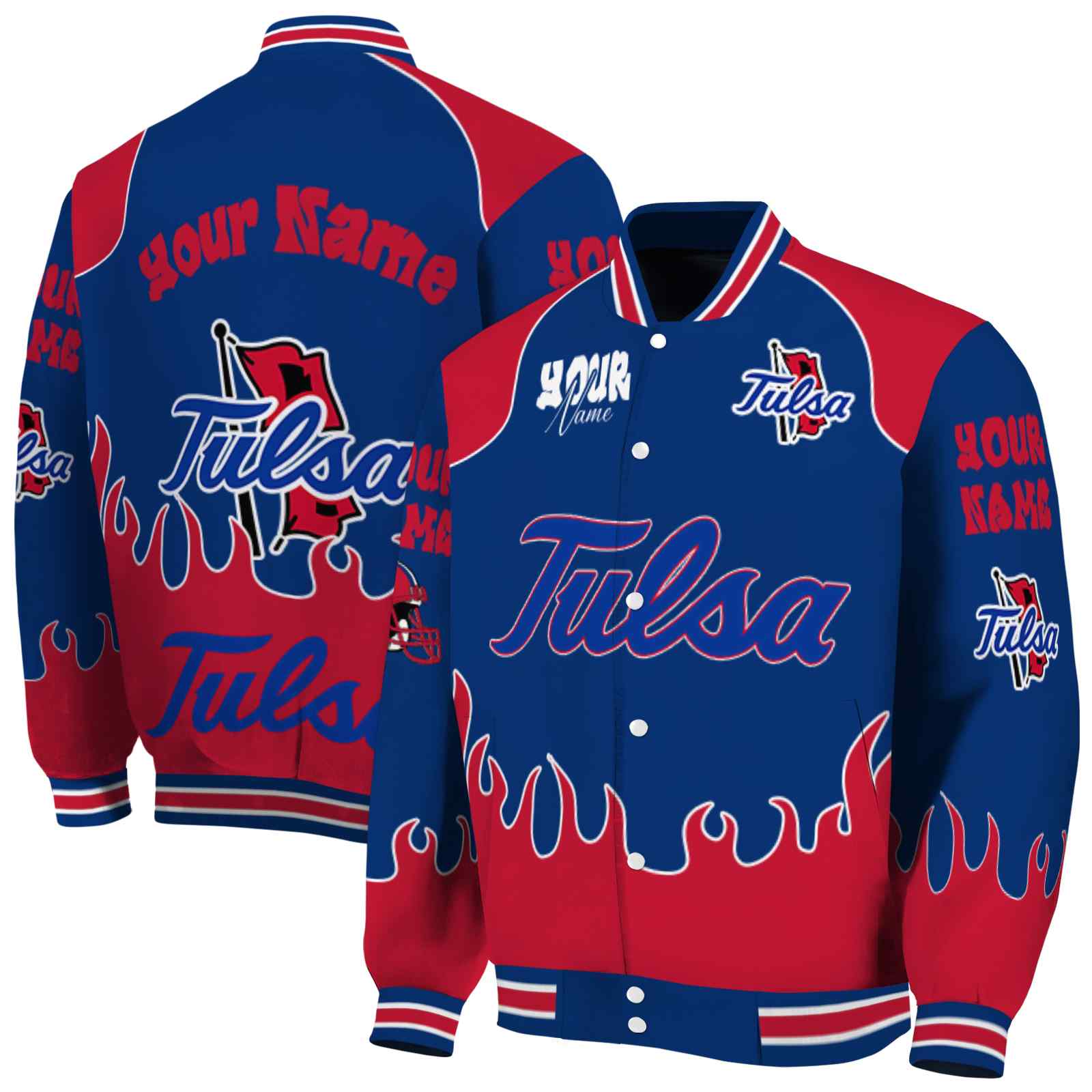 Tulsa Golden Hurricane NCAA Fire Graphic Blue Jacket Customized For Football Fans