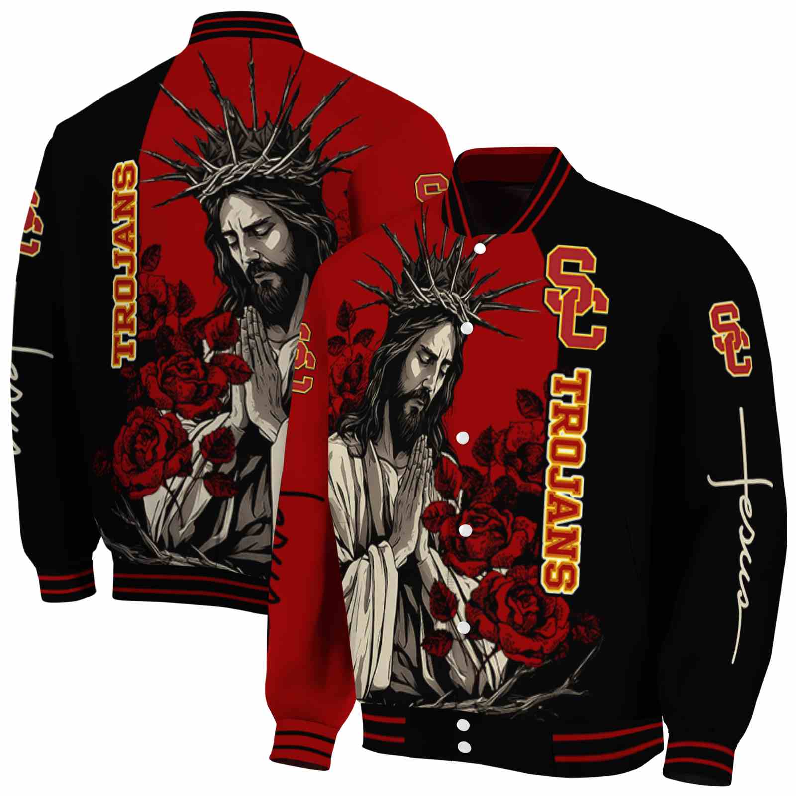 USC Trojans NCAA Hands In Prayer Red Black Jacket Custom Gift For Sport Team Fans 