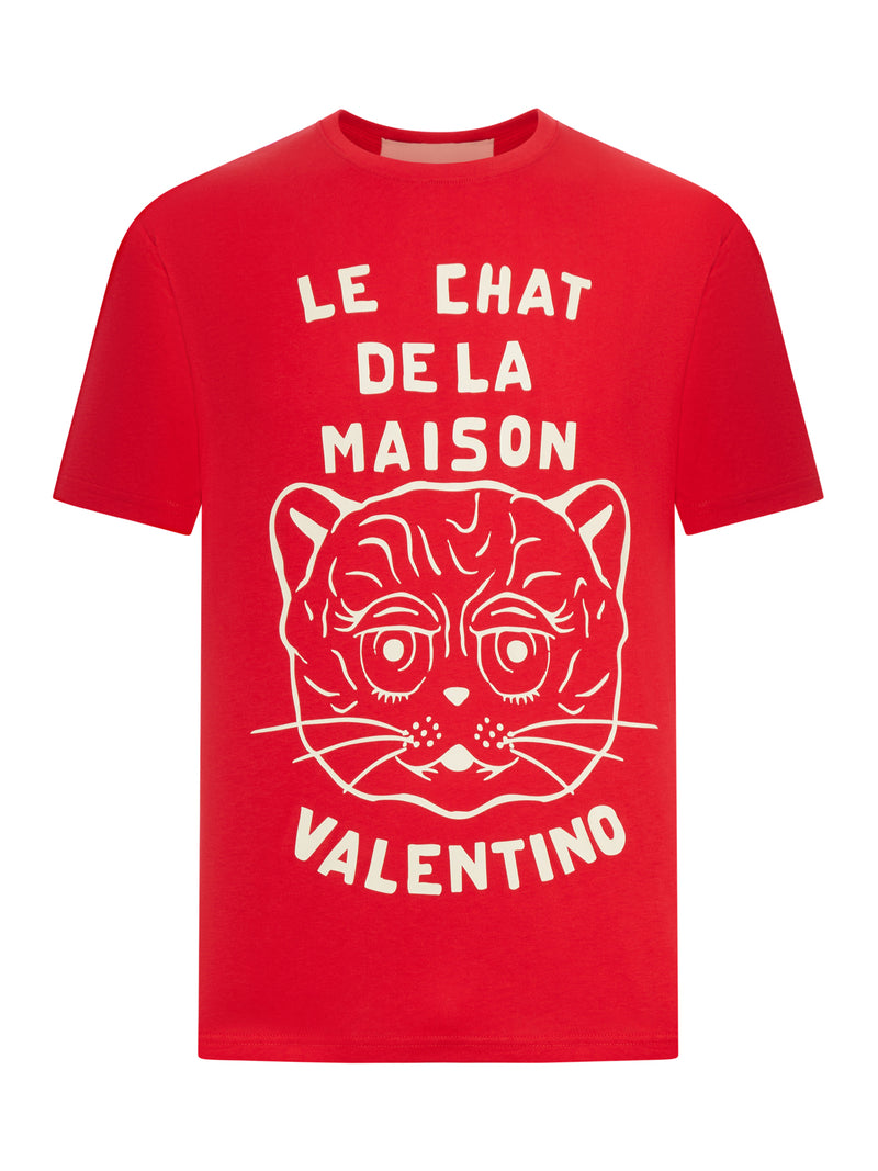 Valentino Garavani COTTON T-SHIRT WITH CHAT DE LA MAISON PRINT