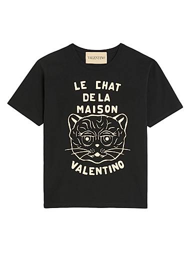 Valentino Garavani Cotton T-Shirt with Chat De La Maison Print Black