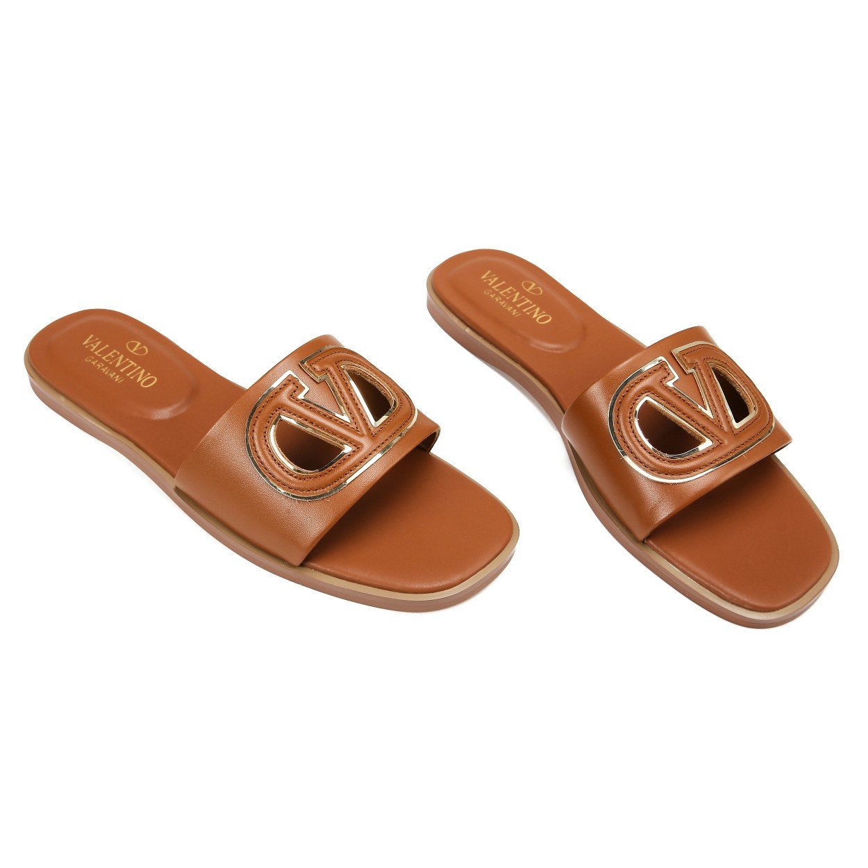 Valentino Garavani Vlogo Cut-Out Slide Sandal In Almond Cowhide