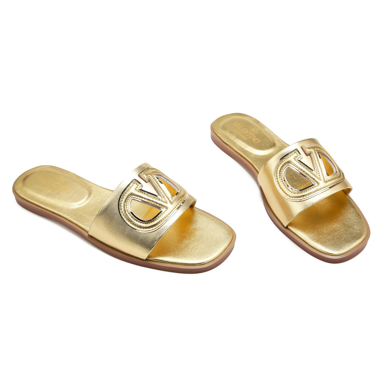 Valentino Garavani Vlogo Cut-Out Slide Sandal In Gold Cowhide