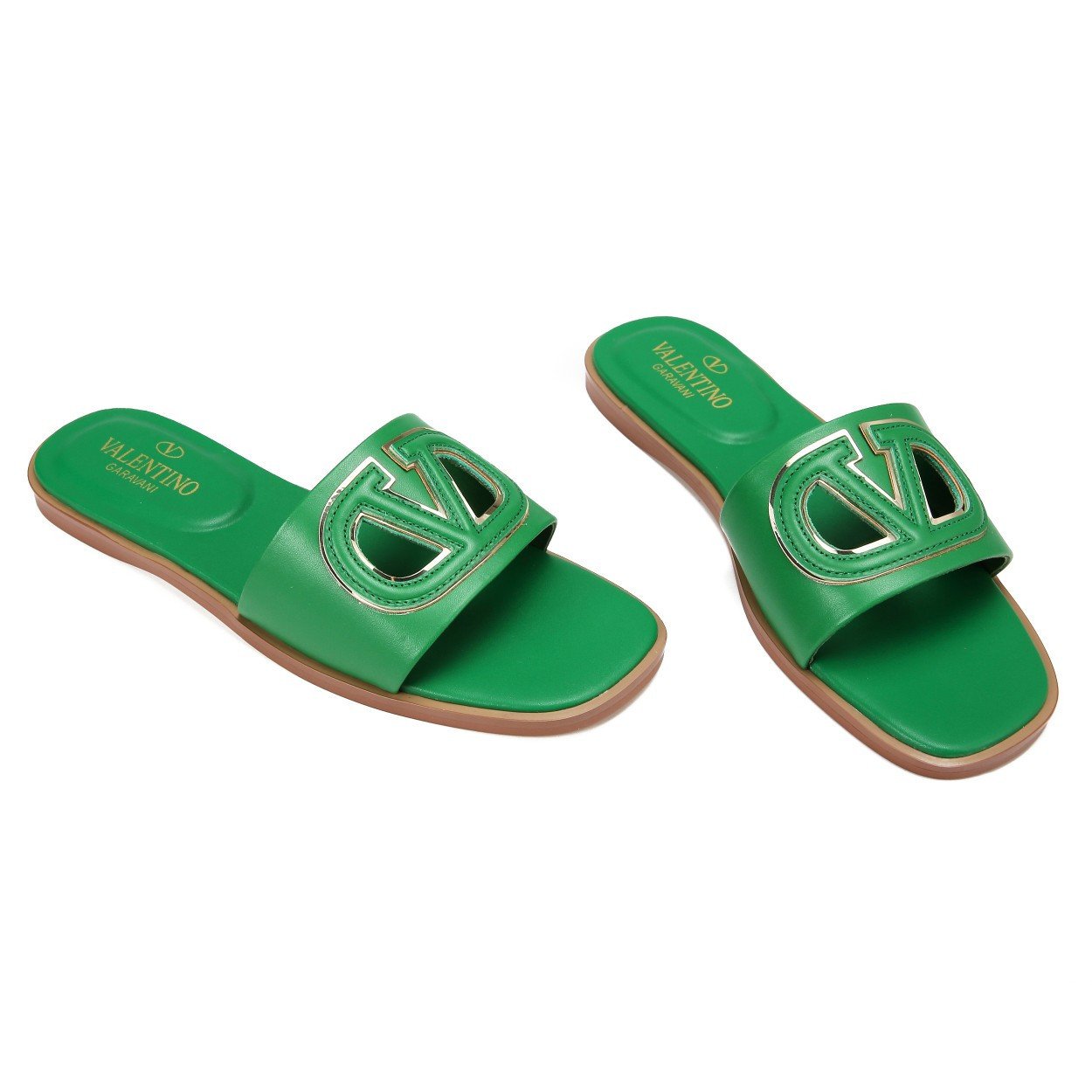 Valentino Garavani Vlogo Cut-Out Slide Sandal In Green Cowhide