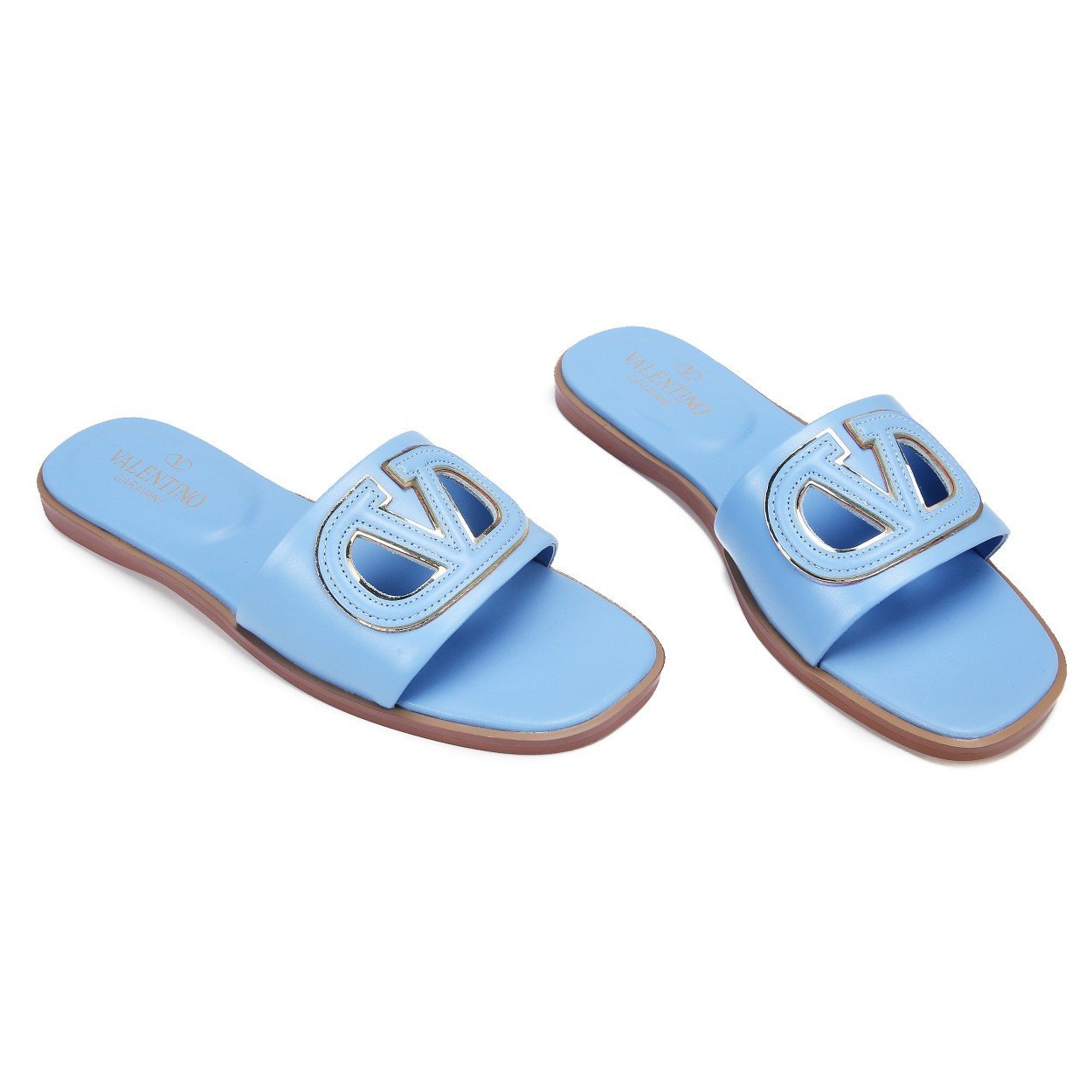 Valentino Garavani Vlogo Cut-Out Slide Sandal In Light Blue Cowhide