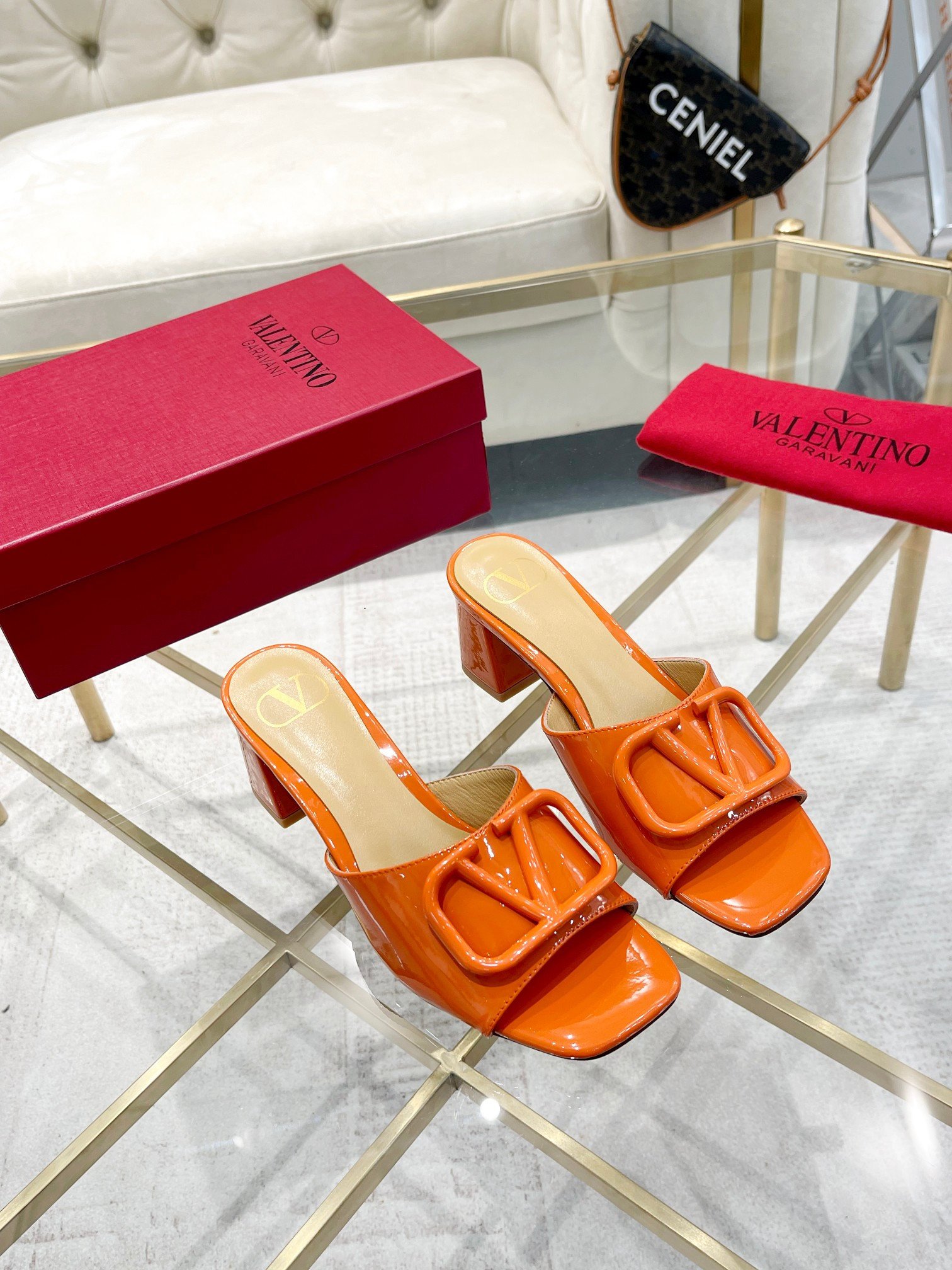 Valentino Garavani Vlogo Patent Leather Slide Sandal In Orange