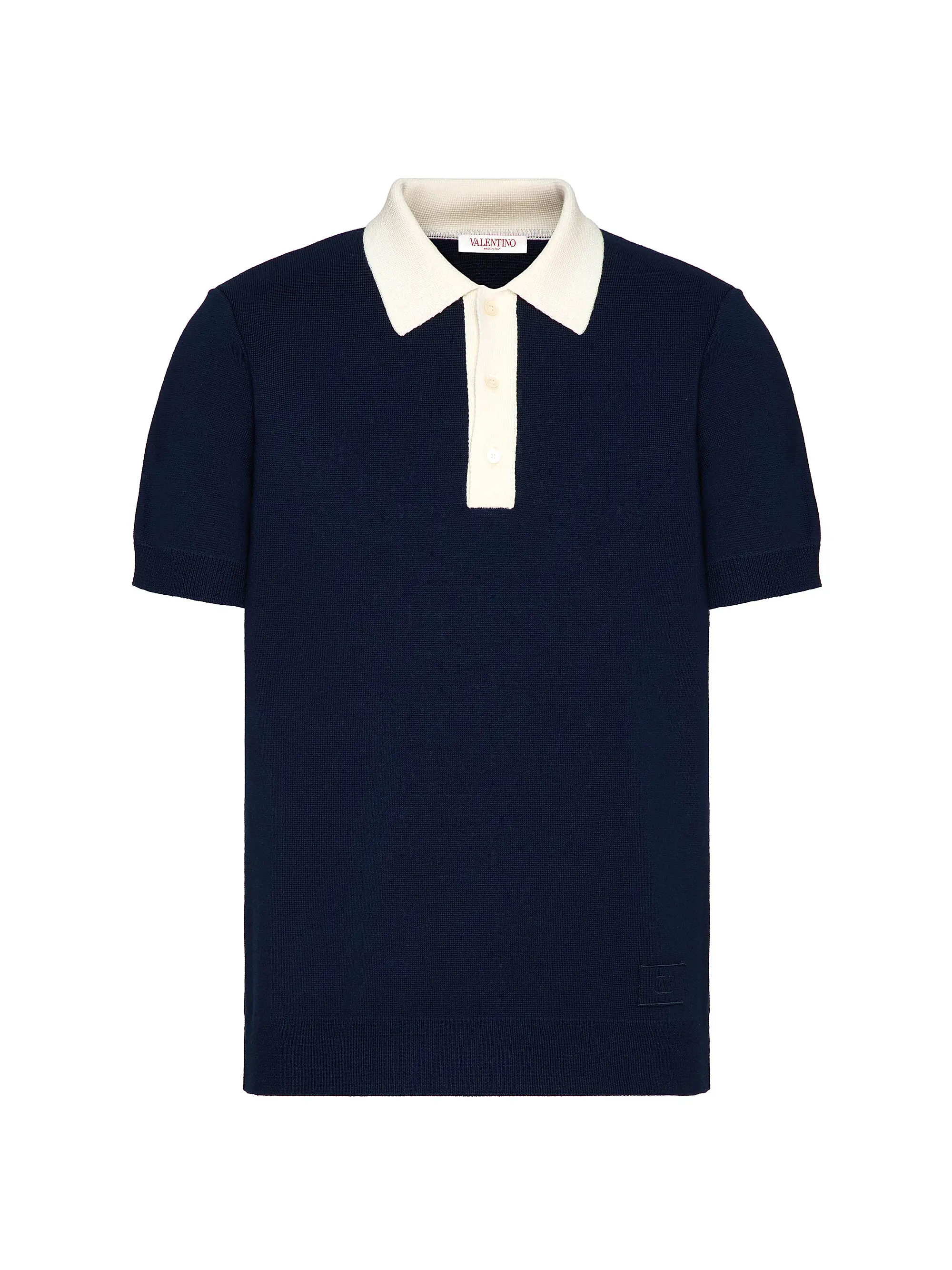 Valentino Garavani Wool Polo T-Shirt with V-Logo Navy Ivory