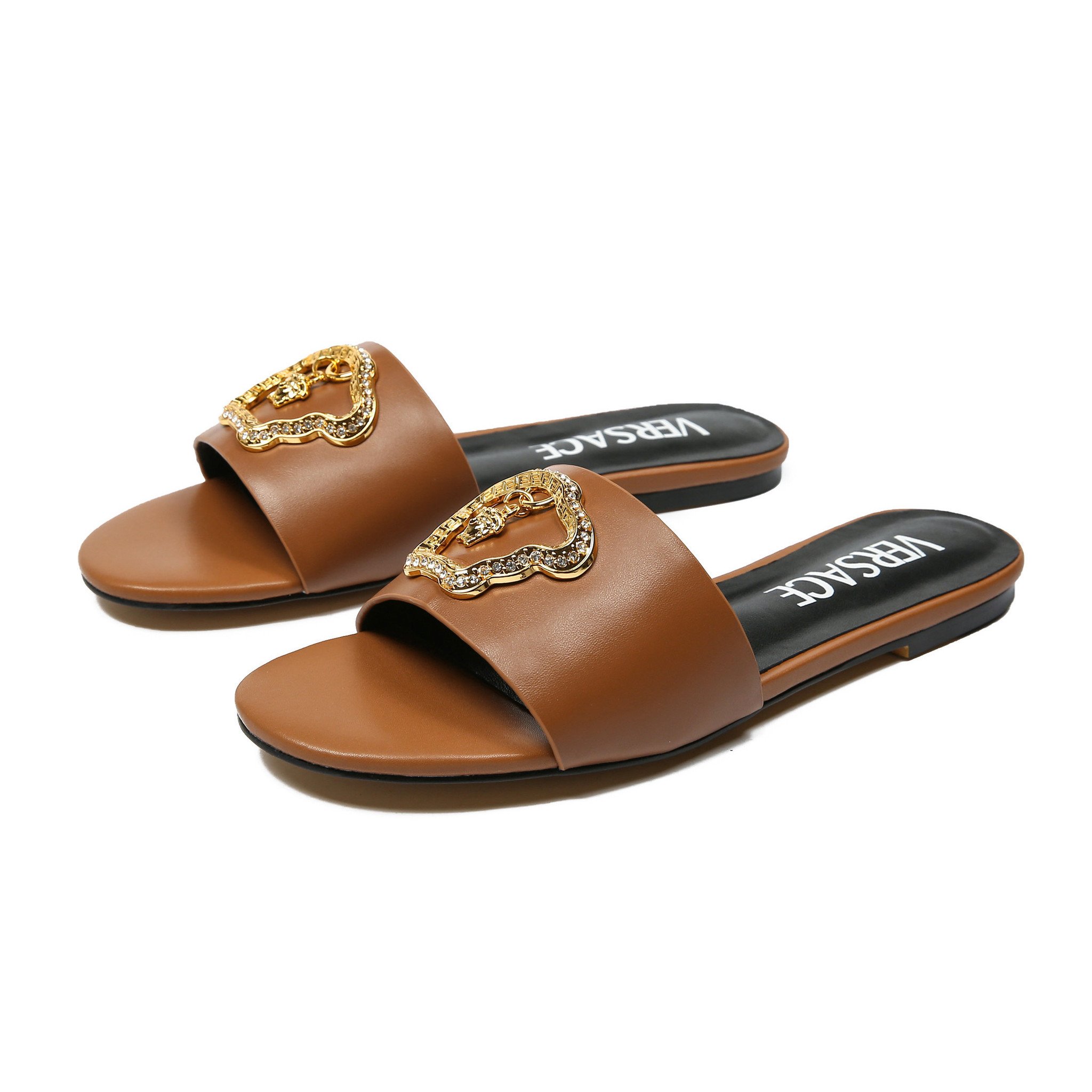 Versace Medusa-Plaque Flat Sandals Calfskin In Brown