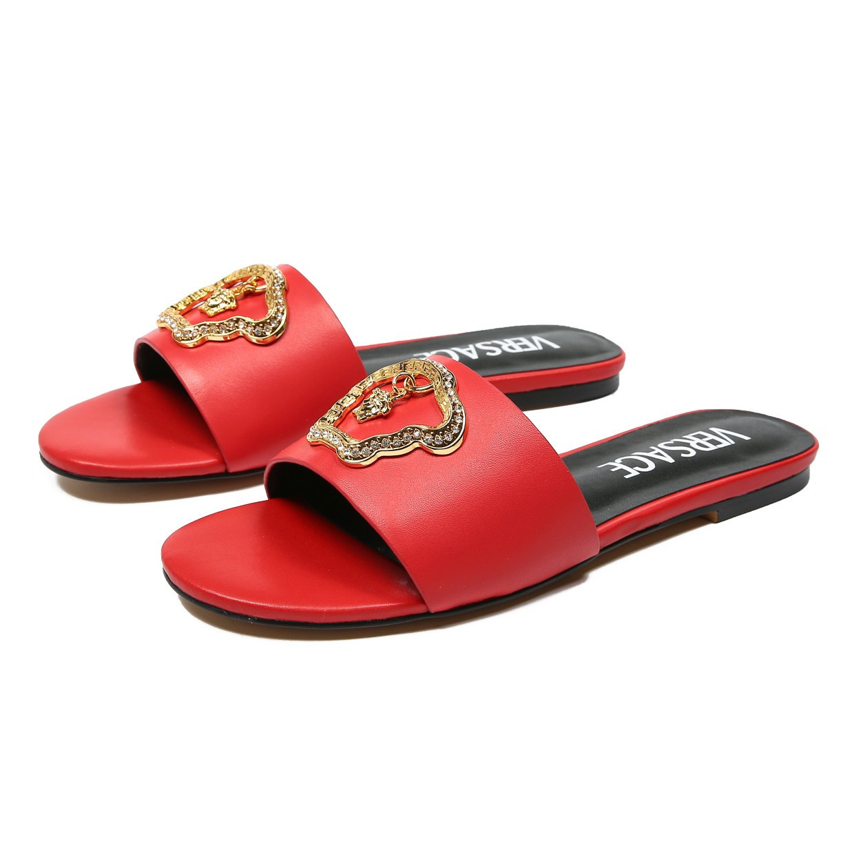Versace Medusa-Plaque Flat Sandals Calfskin In Red