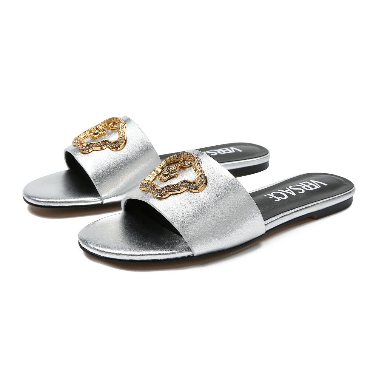 Versace Medusa-Plaque Flat Sandals Calfskin In Silver