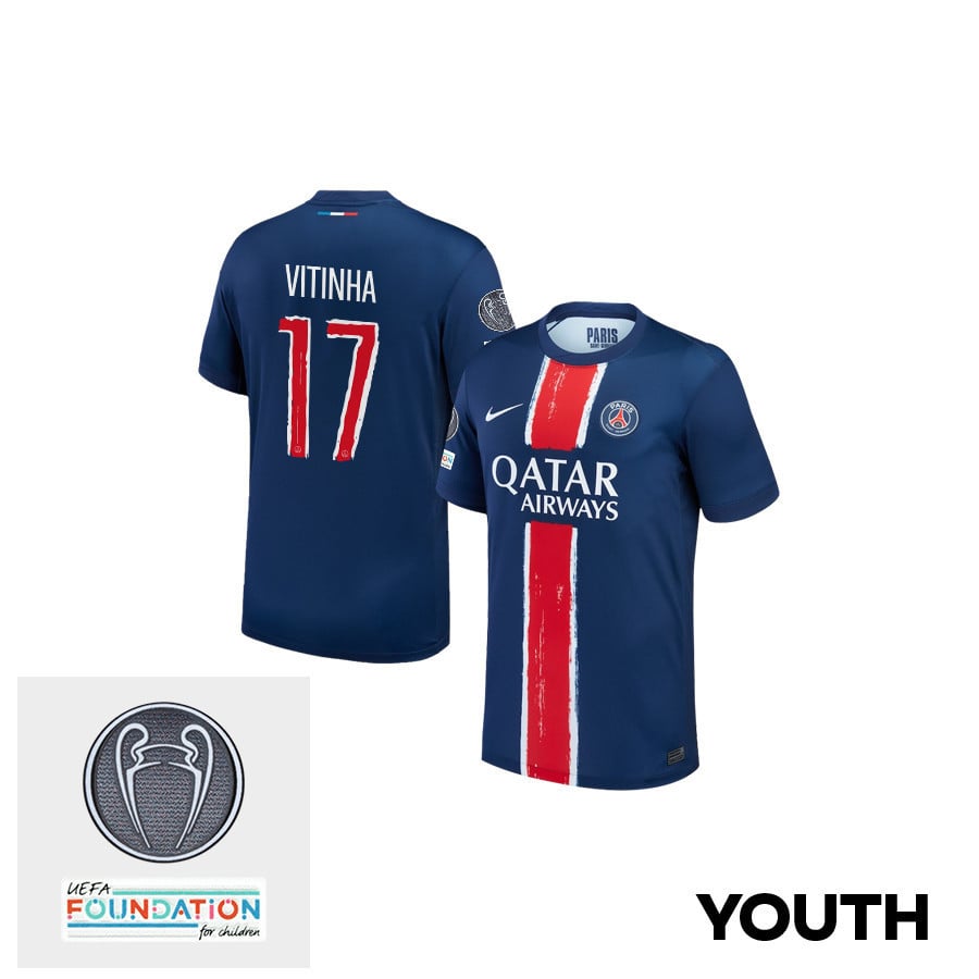 Vitinha 17 Paris Saint-Germain UEFA Champions League Titleholder 2024/25 Champions Home YOUTH Jersey - Blue