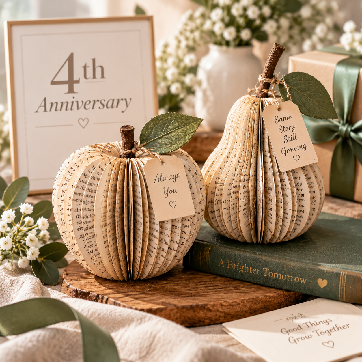 4th Wedding Anniversary Gift: Custom Book-Page Fruit Sculptures