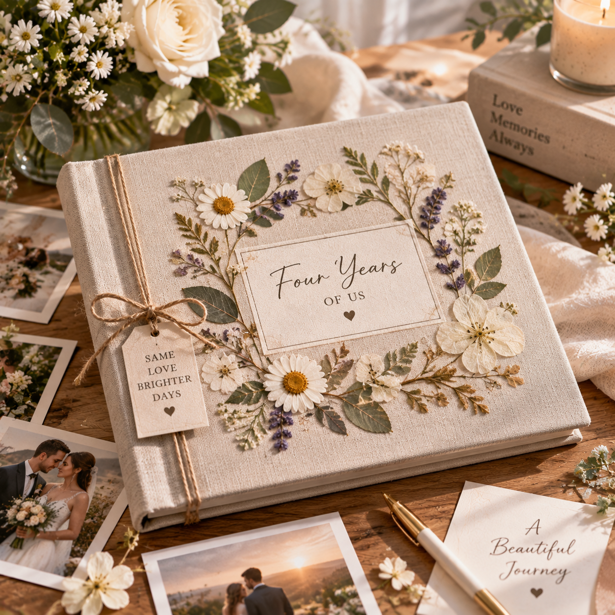 4th Wedding Anniversary Gift: Personalized Linen Album with Pressed Wedding Flowers