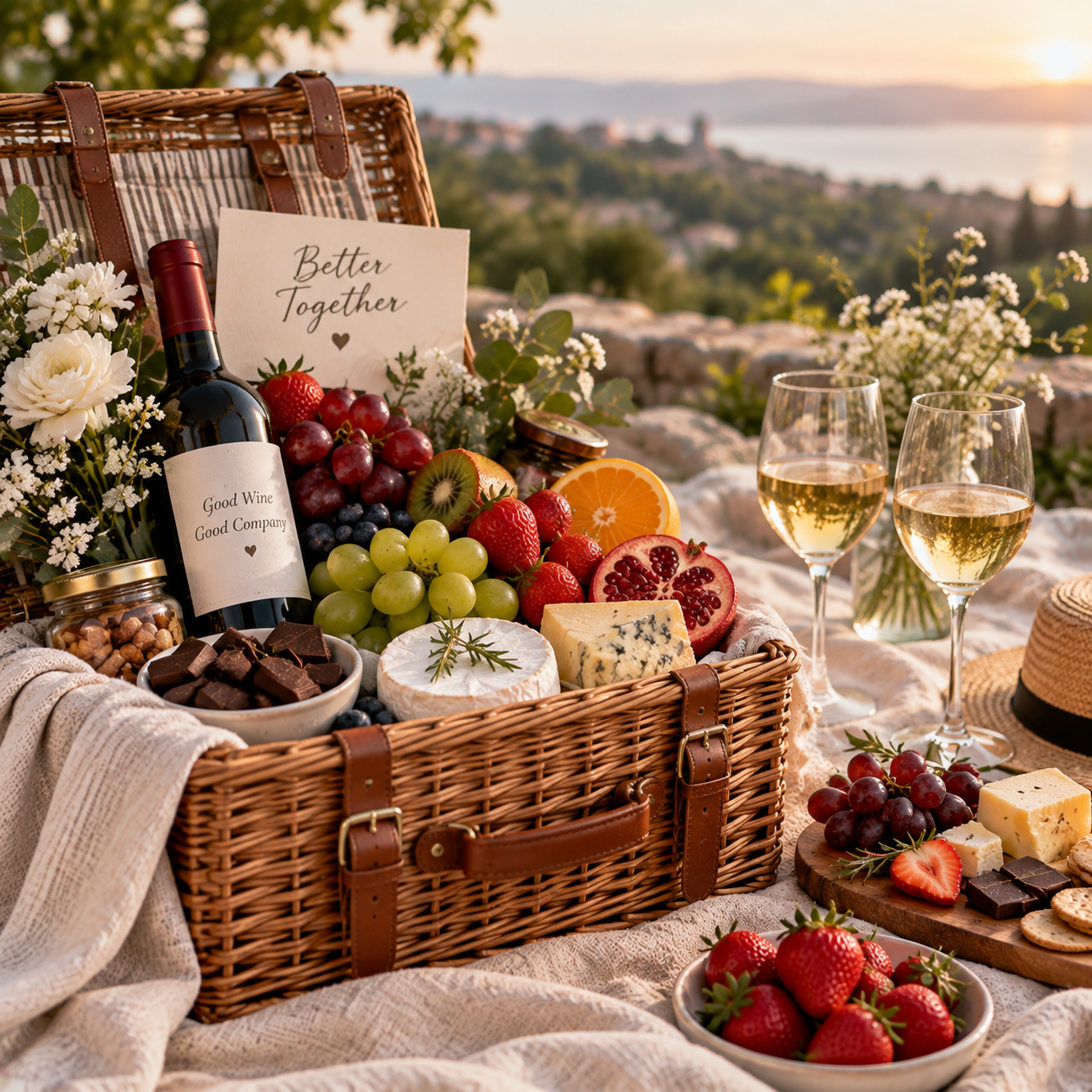 4th Wedding Anniversary Gift: Luxury Fruit & Wine Picnic Hampers