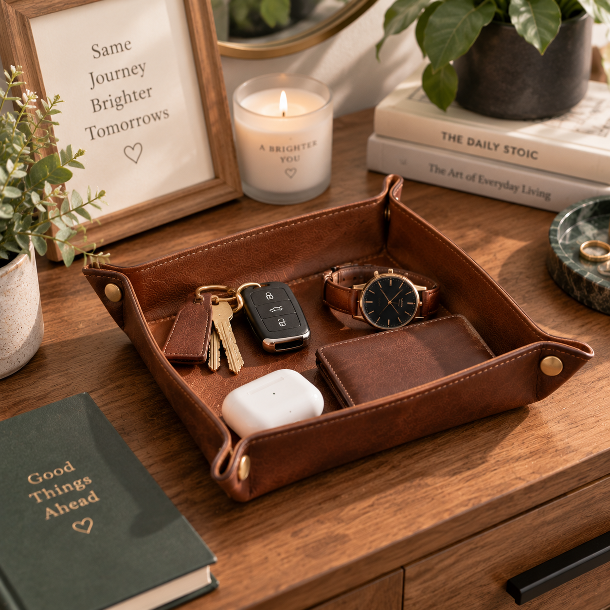 3rd Wedding Anniversary Gift: Engraved Leather Valet Tray