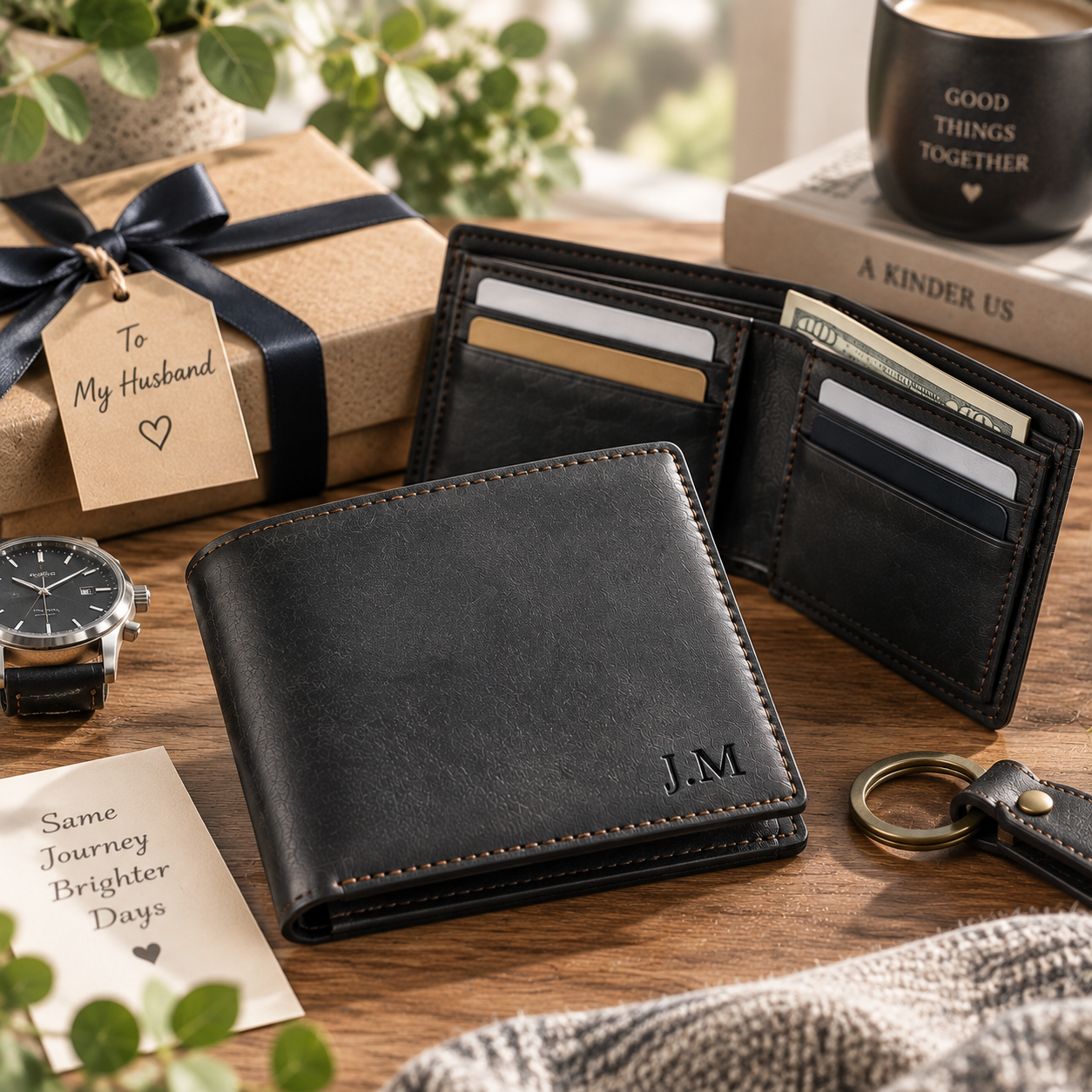 3rd Wedding Anniversary Gift: Custom Leather Bifold Wallet for Him