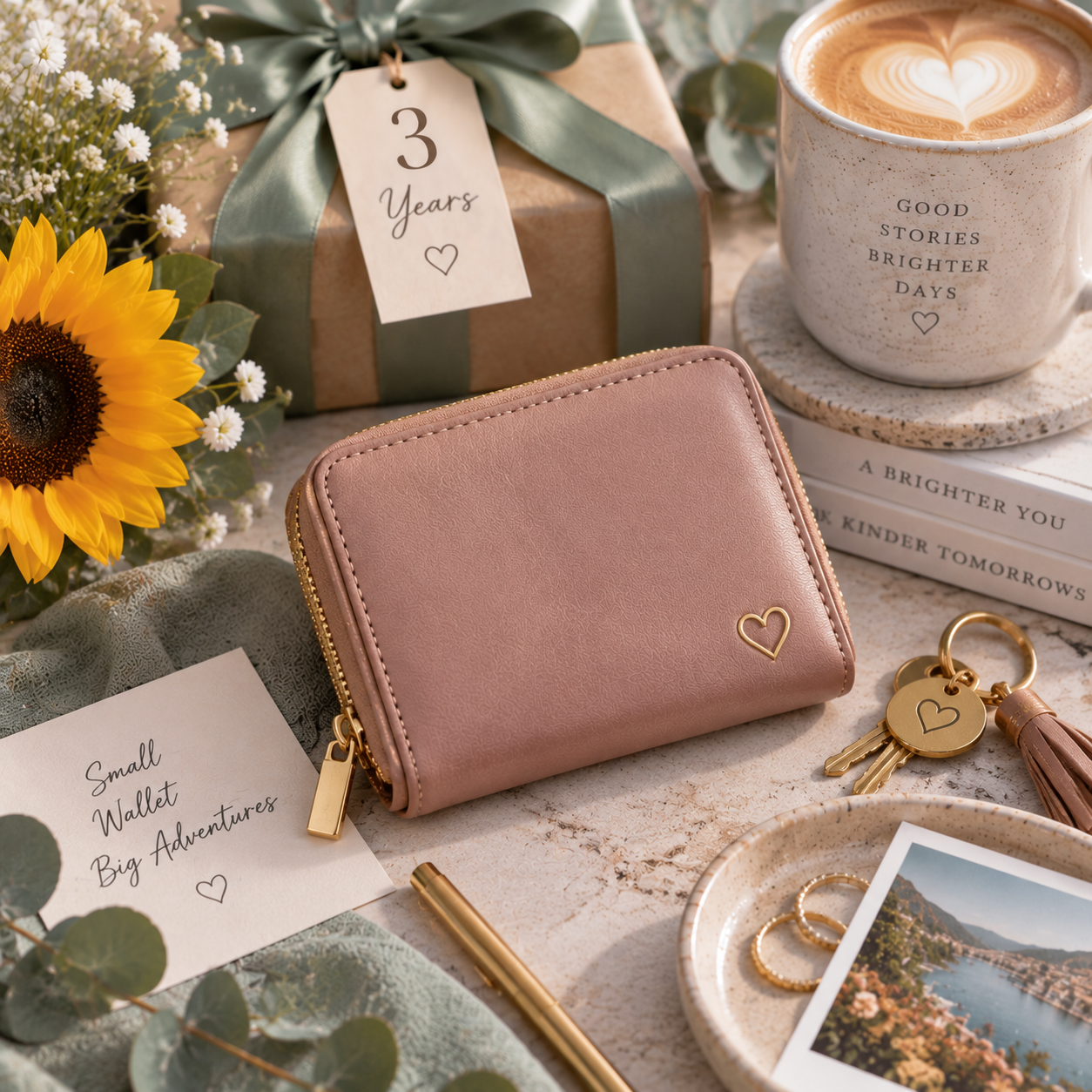 3rd Wedding Anniversary Gift: Compact Leather Zip Wallet or Coin Clutch for Her