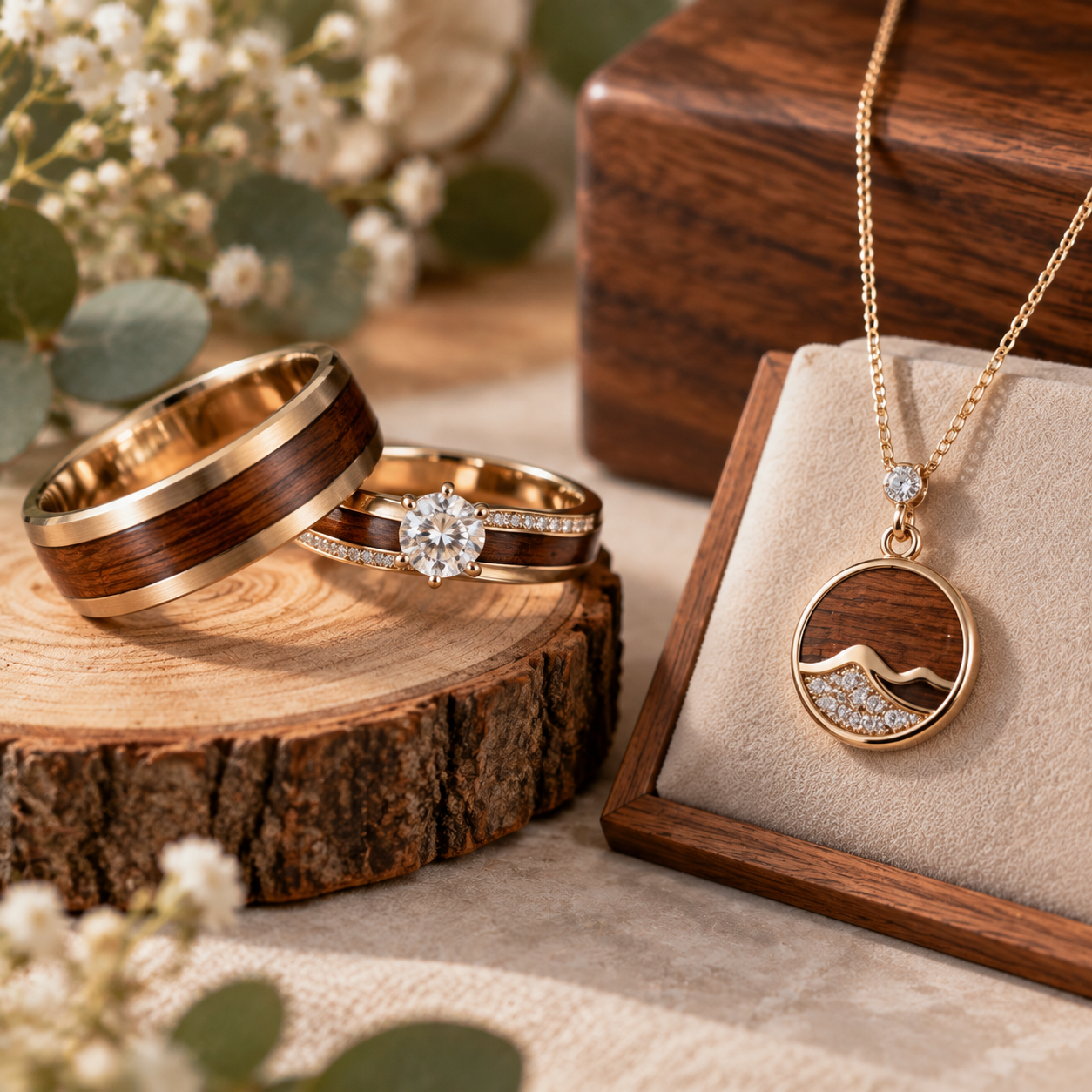 Jewelry with Wood Inlays and Precious Metals