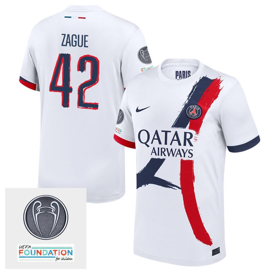 Yoram Zague 42 Paris Saint-Germain UEFA Champions League Titleholder 2024/25 Away Men Jersey - White