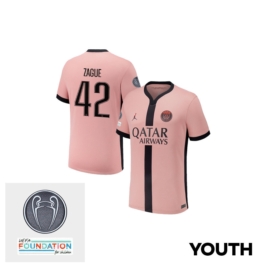 Yoram Zague 42 Paris Saint-Germain UEFA Champions League Titleholder 2024/25 Champions Third YOUTH Jersey - Pink