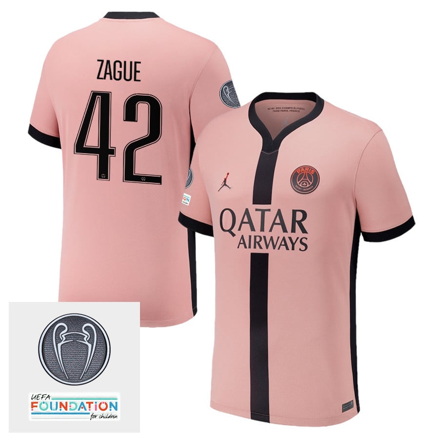 Yoram Zague 42 Paris Saint-Germain UEFA Champions League Titleholder 2024/25 Third Men Jersey - Pink
