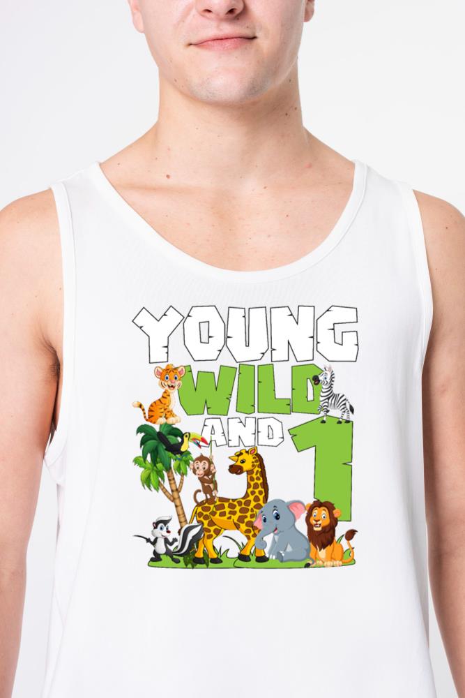 Young Wild And 1 _ Safari Animal Themed Birthday - Unisex Tank Top